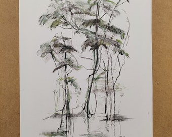 Original Pencil Sketch, One Line Drawing, Ink Drawing Tree. Small Presents, Landscape Draw Pictures Pencil Ink Drawing Forest Illustration.