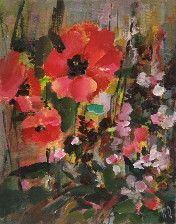 Poppy Flower Painting, Original Painting on Canvas, Poppies Original Impressionistic Art, Floral Abstract Painting in Red and Black