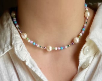 Beaded Pearl Choker | Pastel Purple, Baby Blue, Mint Green, Mixed Bead Statement Necklace, Unique Boho Jewelry, Freshwater Pearl