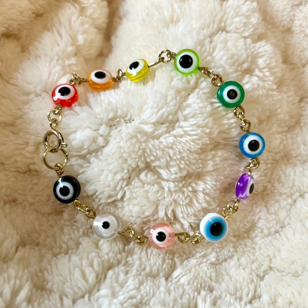 Evil Eye Multicolor Chain Link Gold Bracelet | Rainbow, Minimalist Boho Bracelet for Women, Handmade Charm Bracelet, Sizes 6.5”-7.5”