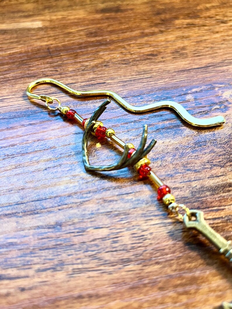 Fantasy Sword Bookmark With Stag Horns | Red and Gold Beaded Bronze ...