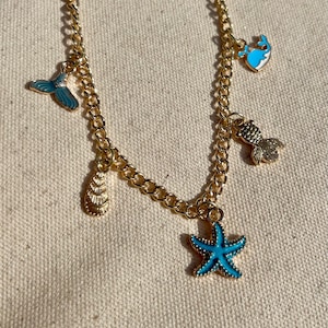 Beach Charm Necklace | blue & gold seashell charm necklace, mermaid charm necklace, boho surfer girl necklace, summer jewelry, ocean jewelry