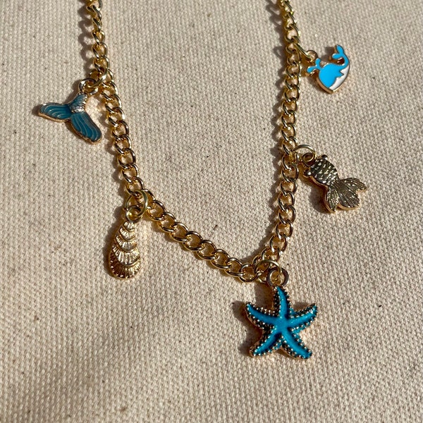 Beach Charm Necklace | blue & gold seashell charm necklace, mermaid charm necklace, boho surfer girl necklace, summer jewelry, ocean jewelry