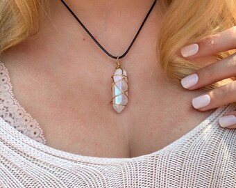 Aura Quartz Crystal Point Necklace | Gold Wire Wrapped, Boho