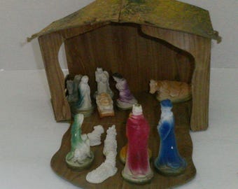 1950s  Wood Fold Out Nativity Scene Hard Plastic Figures