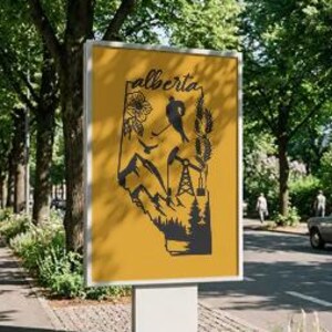 Könnte beinhalten: Ein rechteckiges senfgelbes Schild mit einer schwarzen Umrisskarte von Alberta. Die Karte enthält Illustrationen einer Blume, eines Eishockeyspielers, Weizenähren, eines Ölförderturms, Bergen und Tannen, mit dem Wort Alberta darüber geschrieben.