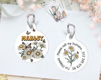 Personalised Floral Dog ID Tag Butterfly Cat Pet Tags Daisey Flower Custom Name Tag Retro Double Sided Waterproof Durable Tag Gift