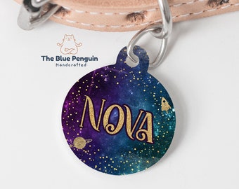 Personalised Dog ID Tag Galaxy Stars Space Cat Pet Tags Dark Blue Double Sided Waterproof Durable Tag Gift