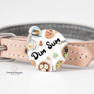 Placa de identificación personalizada para mascotas: Diseño Dim Sum, resistente al agua, doble cara