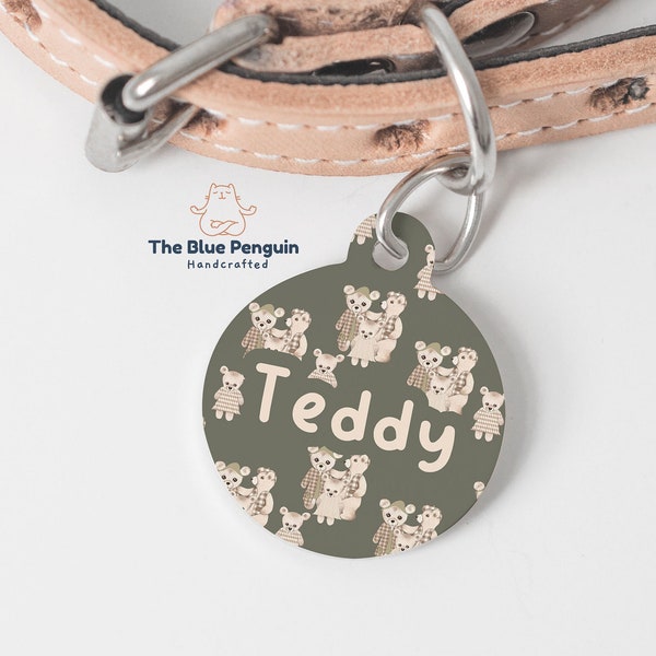 Personalised Dog ID Tag Cute Teddy Bear Cat Pet Tags Custom Name Tag Olive Green Double Sided Waterproof Durable Tag Gift