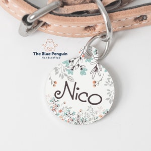 Gepersonaliseerde Hond Kat Huisdier ID Tag Floral Pastel Kleur Dubbelzijdige Waterdichte Sleutelhanger