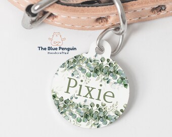 Personalised Floral Dog ID Tag Eucalyptus leaves Cat Pet Tags Custom Name Tag Olive Green Double Sided Waterproof Durable Tag Gift