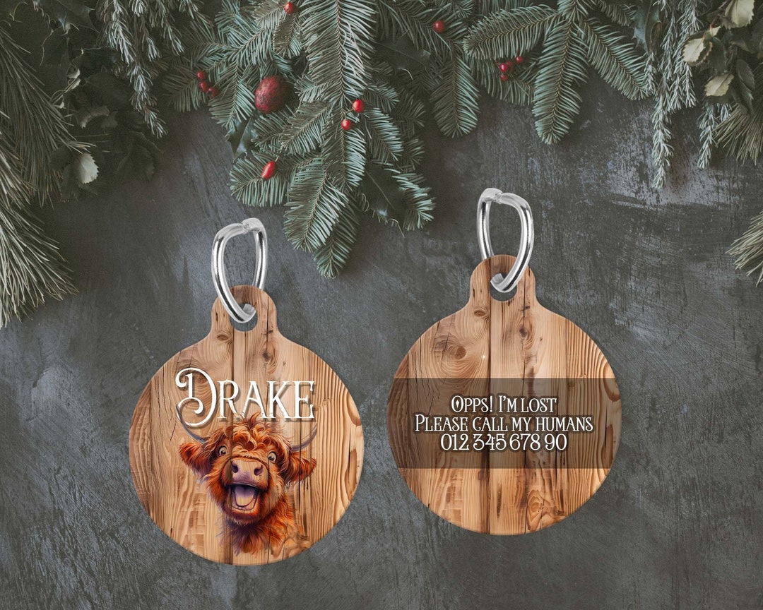 Custom Design Highland Cow Wooden Effect Dog Tag Cattle Personalised ...