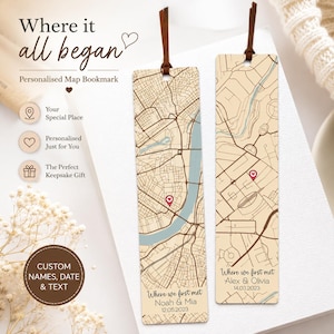 May include: Two personalised map bookmarks with brown leather cords. The bookmarks feature a map design with a red heart marker. One bookmark reads "Where we first met Noah & Mia 12.05.2023" and the other reads "Where we first met Alex & Olivia 14.03.2023". The text "Where it all began" is at the top.