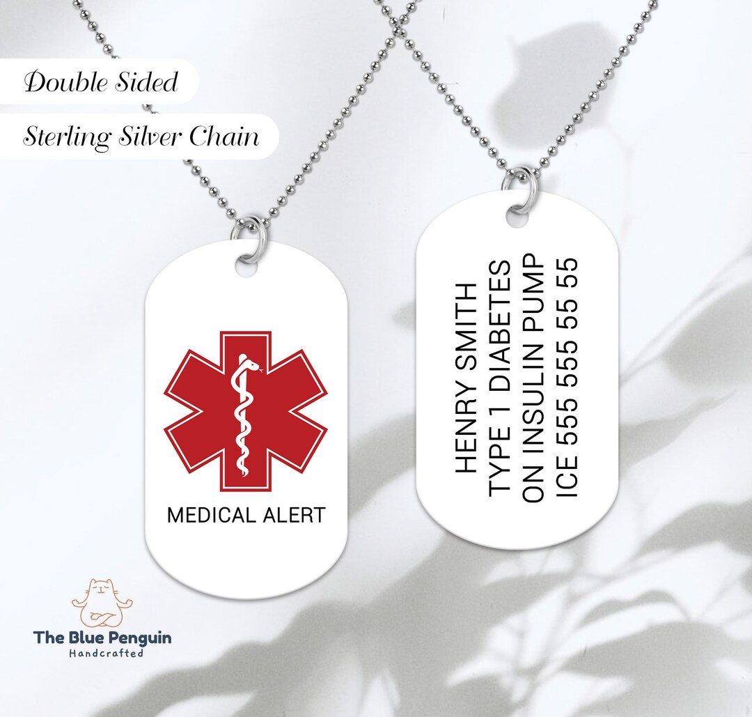 Medical Alert Tag Necklace Dog Tag Medical Emergency Silver Necklace ...