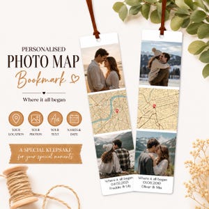Pode incluir: Marcadores de mapa de fotos personalizados com fotos, localizações de mapas e texto. Cada marcador apresenta uma foto, um mapa com um marcador de localização e o texto "Where it all began". Os marcadores são amarrados com uma fita marrom.