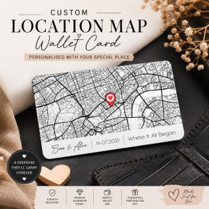 May include: A personalised location map wallet card with a red heart-shaped marker. The card features a black and white map design, the text "Sam & Alex", and the date "14.07.2021". The card also has the text "Where It All Began".