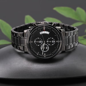 Customized Black Chronograph Watch - Men&#39;s Stainless Steel Waterproof Watches | Personalized Gift For Groomsmen, Anniversary, Father&#39;s Day