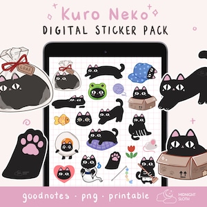 Zwarte kattenstickers | Digitale planner | Leuke clipart | Voorgesneden stickers | Kawaiistickers | Goodnotes-stickers |  Digitale stickers | png