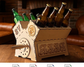 Beer bottle holder in the shape of a V8 engine, DIY project for laser cutting, file formats: svg, cdr, dxf, pdf. for 3mm & 4mm material