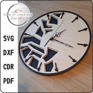 May include: A wooden clock face with black hands and a geometric design. The clock face is made of light wood with black cutouts. The clock face is round and has a black border.