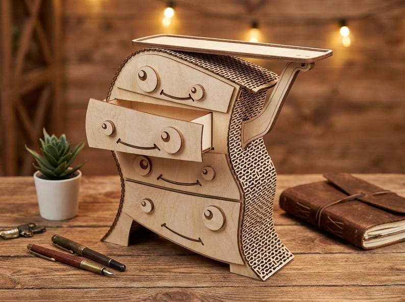 May include: A whimsical wooden dresser with three drawers, each featuring a smiling face design. The dresser has a unique, curved shape and a decorative patterned side. A small shelf is on top. Pens, a journal, and a plant are nearby.