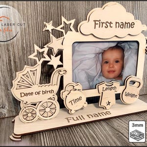 Cadre photo. Métrique enfant.  Fichiers découpés au laser. Cadre photo pour faire-part, détails de naissance. cdr, svg, pdf, dxf. Patron numérique, lime pour 3 mm 4 mm