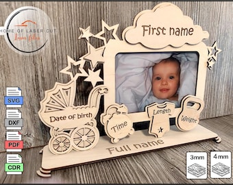 Photo frame. Child metrica.  Laser cut files. announcement photo frame, birth details. cdr, svg, pdf, dxf. Digital pattern, file for 3mm 4mm