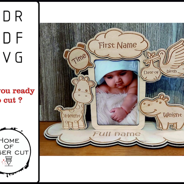 Photo frame. Child metrica. Laser cut files. announcement photo frame, birth details. cdr, svg, pdf, dxf. Digital pattern