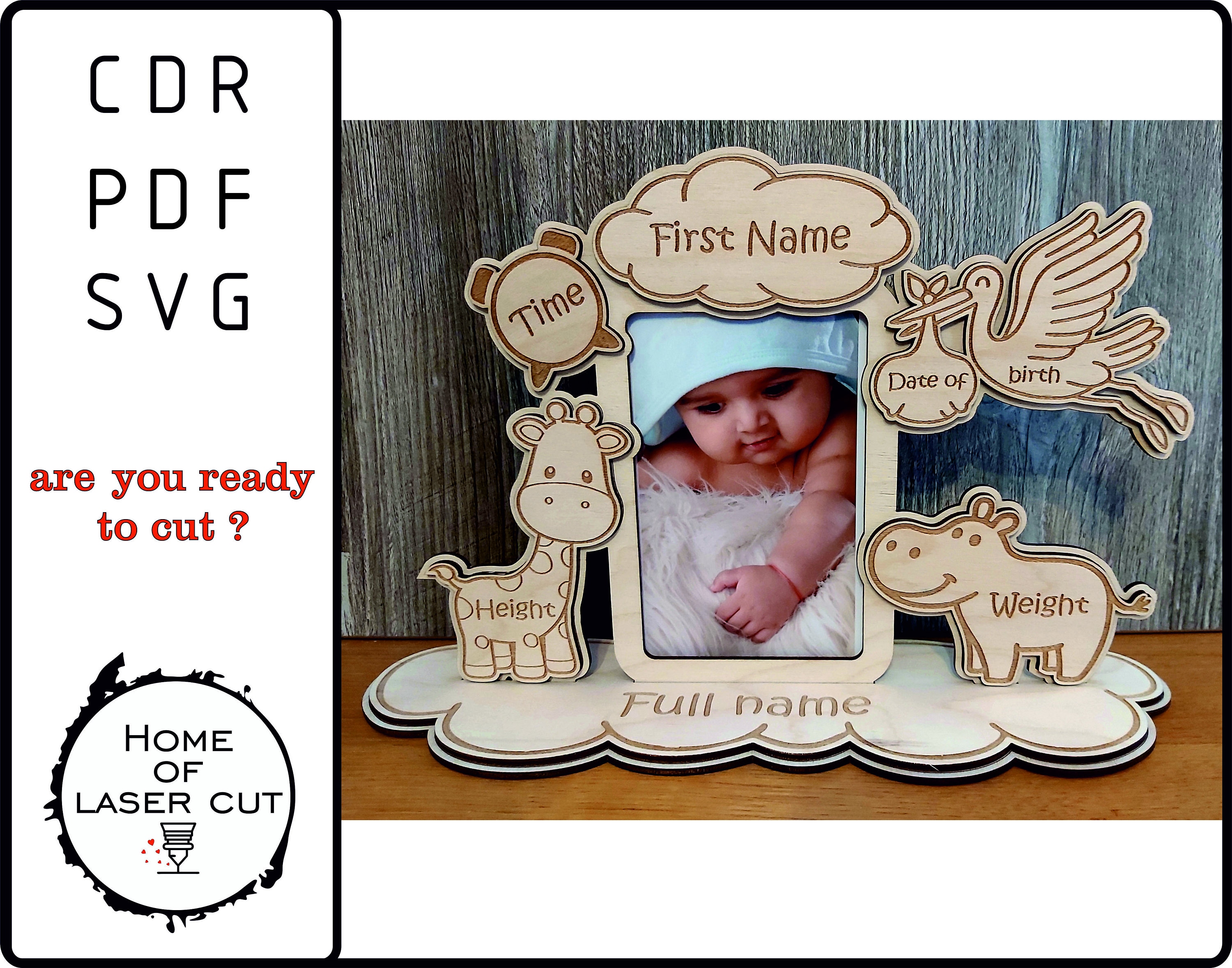 Photo frame. Child metrica. Laser cut files. announcement photo frame, birth details. cdr, svg, pdf, dxf. Digital pattern
