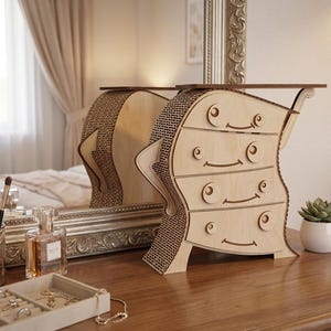 May include: A unique wooden dresser with four drawers and a wavy design. The dresser is made of light-colored wood with a brick-like pattern on the sides. It sits on a wooden surface with a mirror in the background.