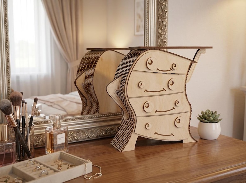 May include: A unique wooden dresser with four drawers and a wavy design. The dresser is made of light-colored wood with a brick-like pattern on the sides. It sits on a wooden surface with a mirror in the background.