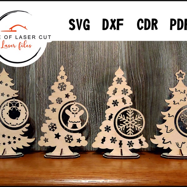 Christmas tree template, 4 variants, svg cdr pdf dxf, 3mm and 4mm material, Snowflake Cut Files