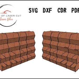 Peut inclure: Une étagère murale en bois avec 18 compartiments individuels. L'étagère est en bois brun et a un aspect rustique. L'étagère est conçue pour contenir de petits objets, tels que des outils, des fournitures d'artisanat ou d'autres articles ménagers. SVG, DXF, CDR, PDF.