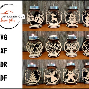 クリスマス キャンドル ホルダー、12 種類の燭台、SVG、DXF、PDF、CDR レーザー ファイル、3 mm 素材。