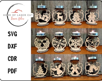 Christmas candle holder, 12 types of candlesticks, svg dxf pdf cdr laser file, 3mm material.