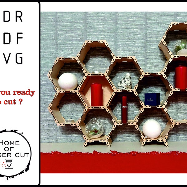 Cell shelf, Hexagon shelf, Floating Shelves, svg, dxf, cdr, pdf, laser cuting file 3mm.Honeycomb Shelf