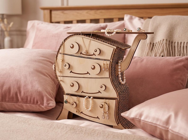 May include: A whimsical wooden jewelry organizer with a unique, curved design. The organizer has four drawers with circular accents and a top shelf, holding necklaces, earrings, and rings. The light-colored wood contrasts with the pink pillows and bedding in the background.