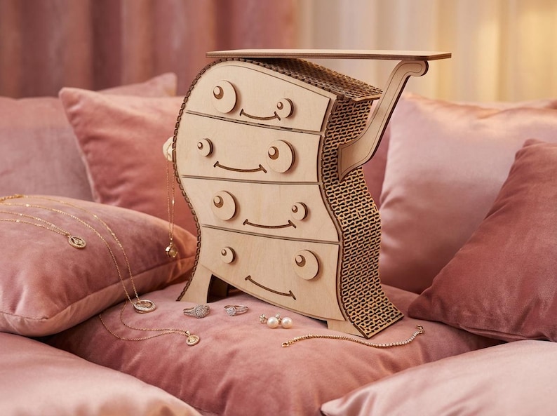May include: A whimsical wooden jewelry chest with four drawers and a curved design. The chest is light brown and sits on a pink velvet surface, with gold necklaces and rings displayed nearby. The chest has a shelf on top.