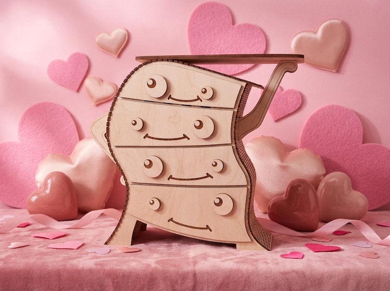 May include: A whimsical wooden dresser with four drawers, featuring a smiling face design. The light-colored wood contrasts with the pink background and heart-shaped decorations. A decorative piece for a bedroom or nursery.