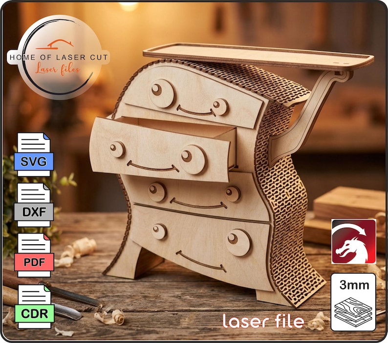 May include: A whimsical wooden dresser with three drawers, a top shelf, and decorative cut-out details. The dresser has a smiling face design on each drawer. The text "laser file" is visible.