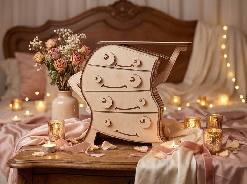 May include: A whimsical wooden dresser with four drawers, featuring a unique, curved design. The dresser has circular knobs and smiling face details. The scene includes a vase of flowers, candles, and a bed in the background.