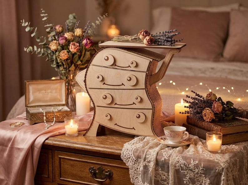 May include: A wooden decorative dresser with four drawers and a top shelf, adorned with curved edges and circular drawer pulls. The dresser is set on a wooden table with candles, flowers, and a jewelry box. The scene is lit with warm, soft lighting.
