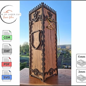 Houten wijnkist middeleeuws, lasergesneden wijnkist, svg, cdr, dxf, pdf-laserbestand voor materiaal van 3 mm en 4 mm. Handleiding inbegrepen