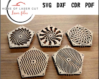 Laser Cut Coaster, Mehanical cup and glass Coaster, laser file 3mm & 4mm, svg cdr dxf pdf. pentagon Kinetic Coasters SET 5