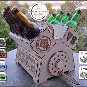 Plik do cięcia laserowego – uchwyt na butelkę piwa z silnikiem V8 do materiałów o grubości 3 mm i 4 mm. svg cdr dxf pdf.– Wzór projektu mechanicznego DIY. W zestawie instrukcja