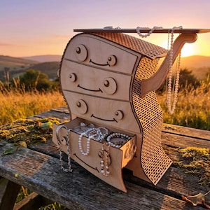 May include: A wooden jewelry box with a whimsical design. The box has three drawers and a top shelf, with a decorative side panel. The drawers are open, revealing jewelry. The box is on a wooden table outdoors.