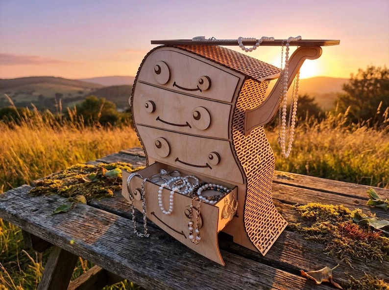 May include: A wooden jewelry box with a whimsical design. The box has three drawers and a top shelf, with a decorative side panel. The drawers are open, revealing jewelry. The box is on a wooden table outdoors.