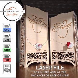 Archivo láser CAJA DE ZUMO o VINO para material de 3 mm, diseñado para bolsas de 3 litros y 5 litros. SVG, DXF, CDR, PDF.