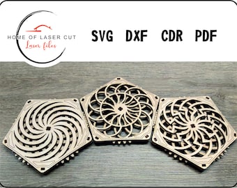 Mechanical, cup and glass Coaster, laser file 3mm & 4mm, svg cdr dxf pdf. pentagon Kinetic Coasters SET 3